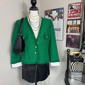 Zara Green Textured Tweed Jacket with Jewel Buttons NWT